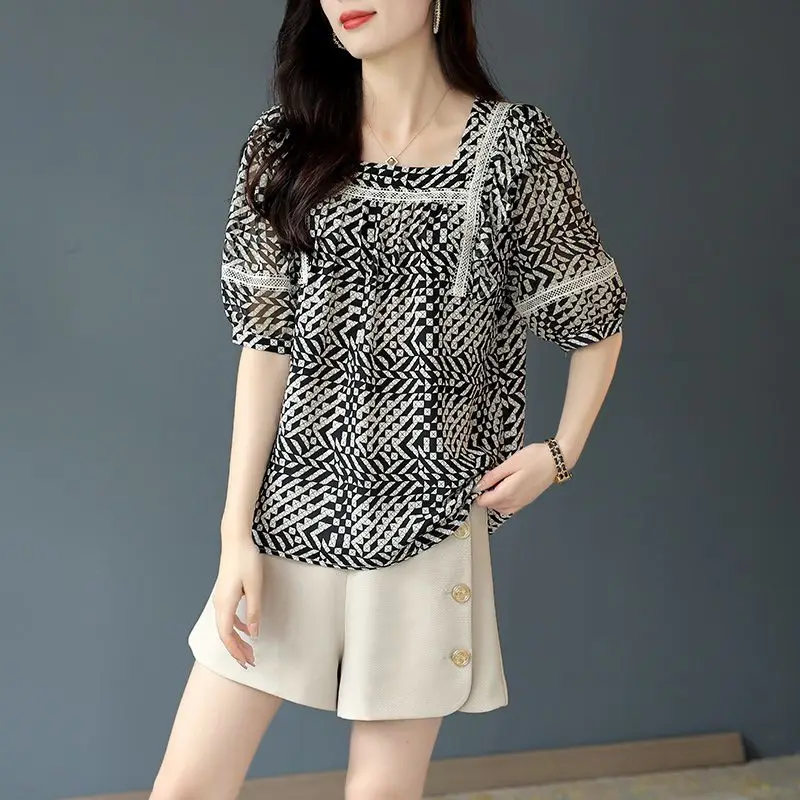 Women's Clothing Summer Trendy Korean Square Collar Lace Patchwork