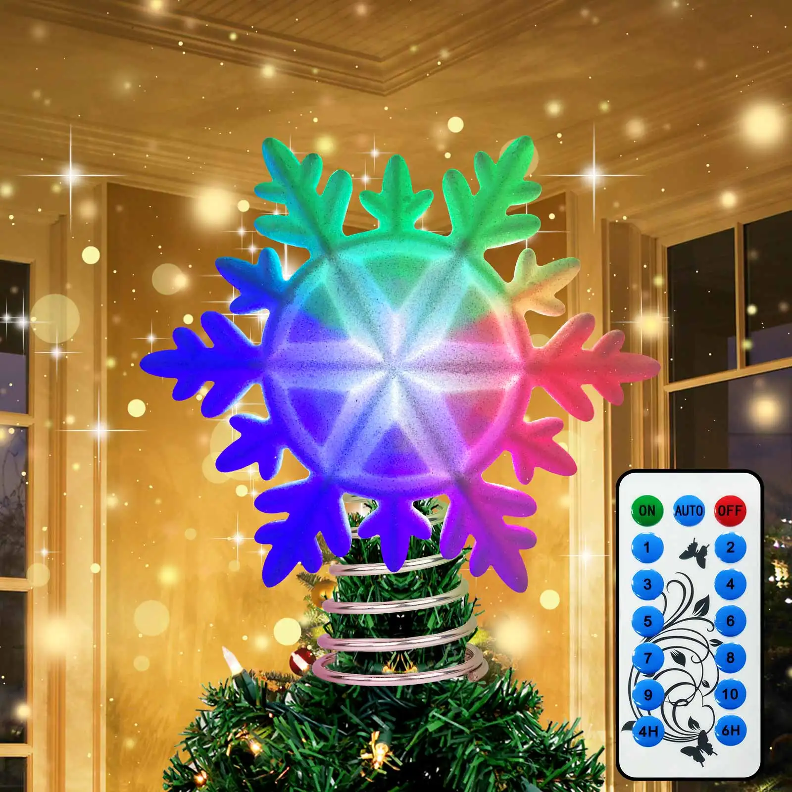 

OurWarm Christmas Tree Topper Lighted with LED Rotating Colorful Snowflake Decorations Projector Snowflake Night Light for Xmas