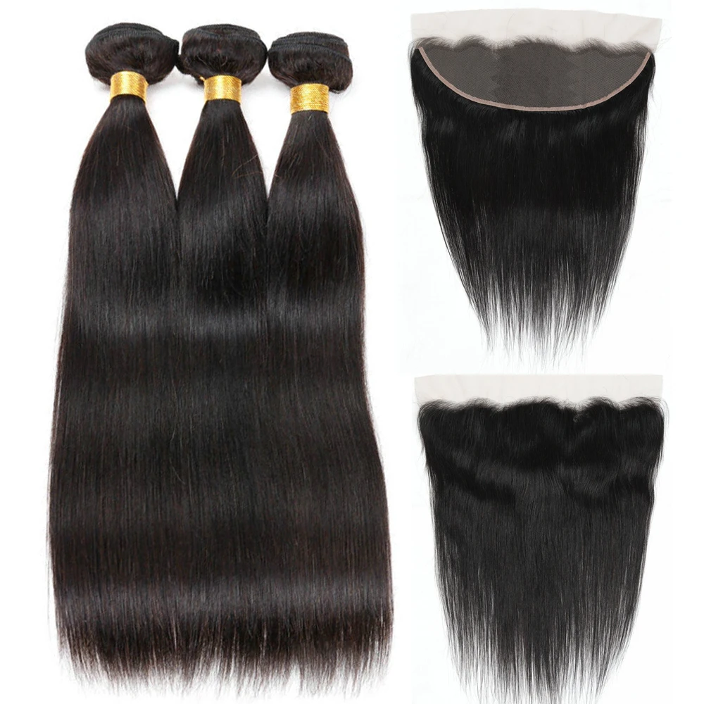 Human Hair Bundles 3 Bundles with 13&times;4 Lace Closure Straight Brazilian Virgin Remy Human Hair
