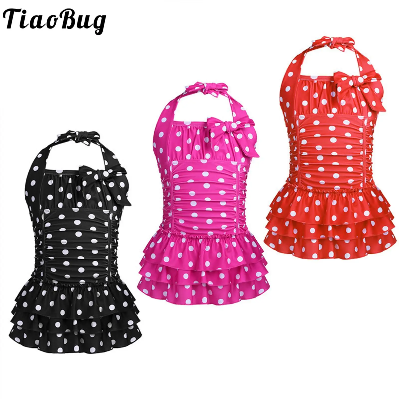 

TiaoBug Kids Teens One-piece Halter Swimsuit Polka Dots Ruched Tiered Swimwear Girls Beachwear Swimming Bodysuit Bathing Suit