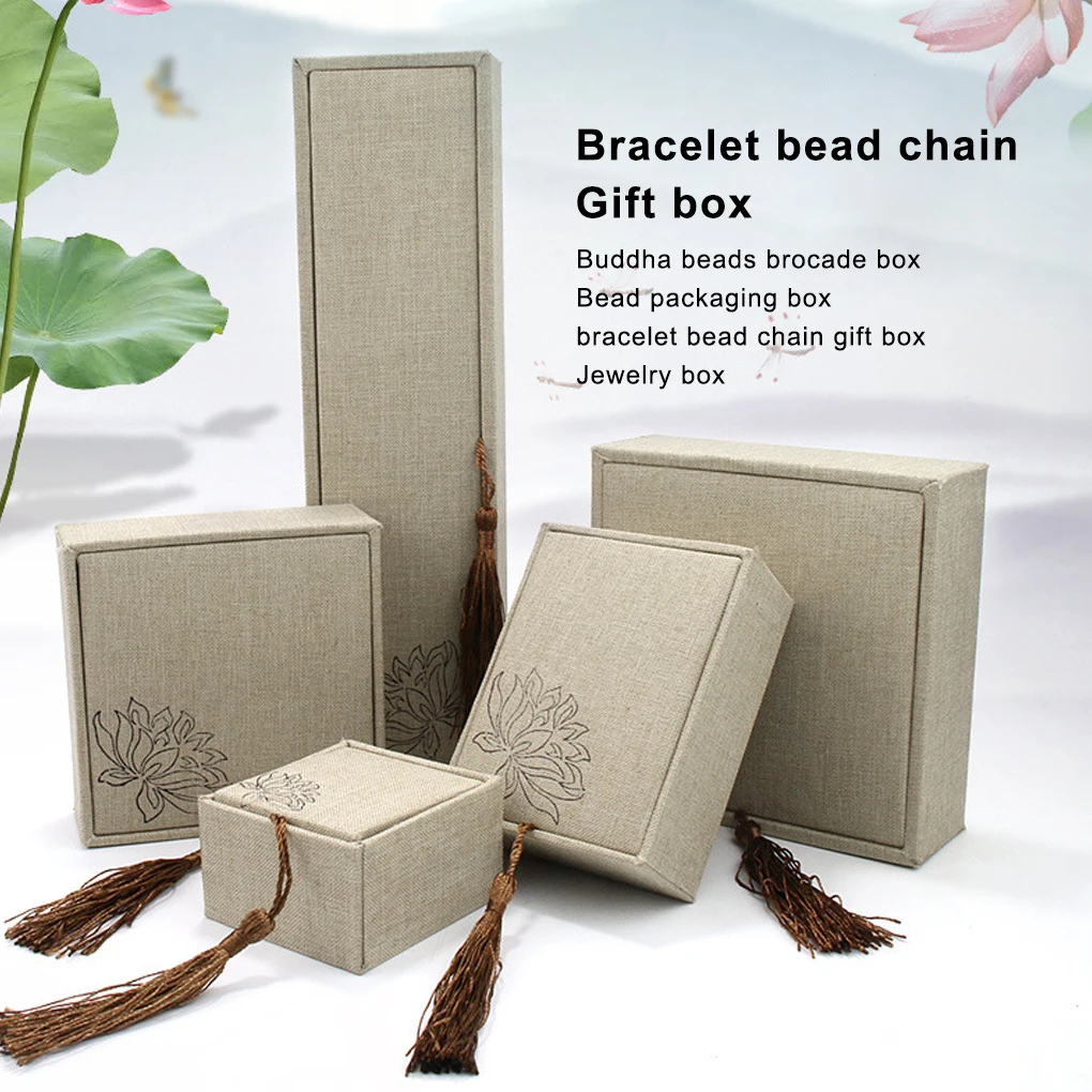 

Chinese Jewelry Display Box Vintage Linen Tassel Storage Case Rings Necklace Bracelet Jade Organizer Women Men