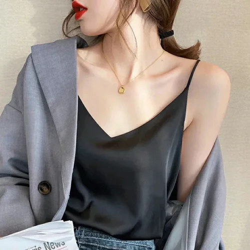 여성용 하니스 실크 블라우스 셔츠, 베이직 화이트 블랙 민소매 블라우스, 고품질 캐주얼 브이넥 상의, 봄 여름 2022 3