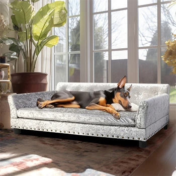 Luxury Velvet Tufted Dog Sofa Bed Large Elevated Pet Bed Upholstered Cushion Wooden Frame Sofa Couch 1