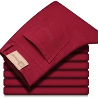 2025 New Wine Red Jeans Men Fashion Casual Classic Style Business Straight Fit Soft Trousers Male Advanced Pants