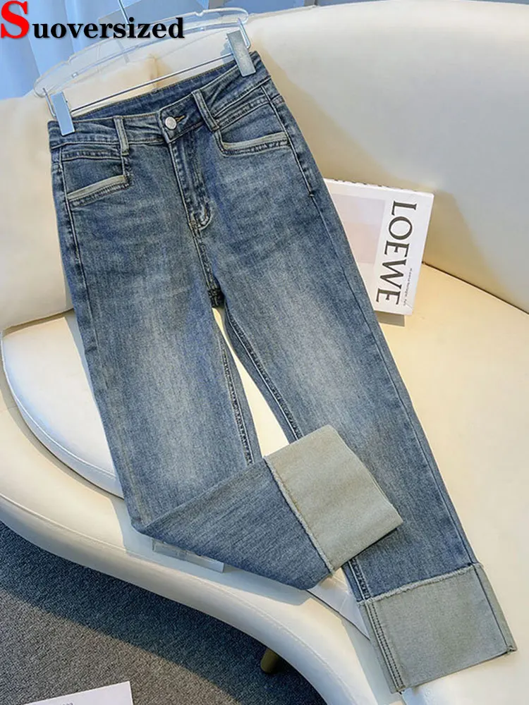 

Trendy Cuffs Straight Jeans Women Wash Bleached High Waist Vaqueros Ankle Length Casual Denim Pants 88-92cm Baggy Jean Pantalon