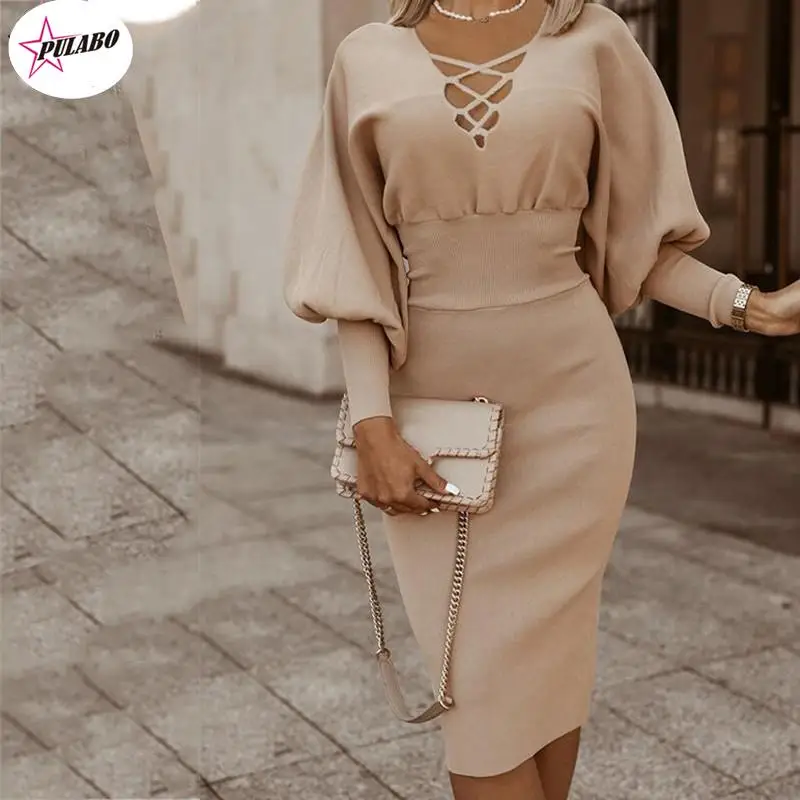 

Осеннее женское винтажное элегантное однотонное облегающее женское платье-миди с V-образным вырезом и рукавами-фонариками