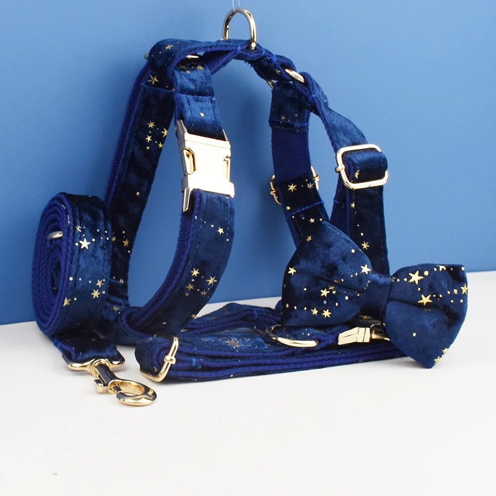Luxus Mode Haustier Zubehör benutzer definierte Design Logo schwarz unten Blume Sublimation Hunde halsband Leinen Geschirr Bogen Set star01