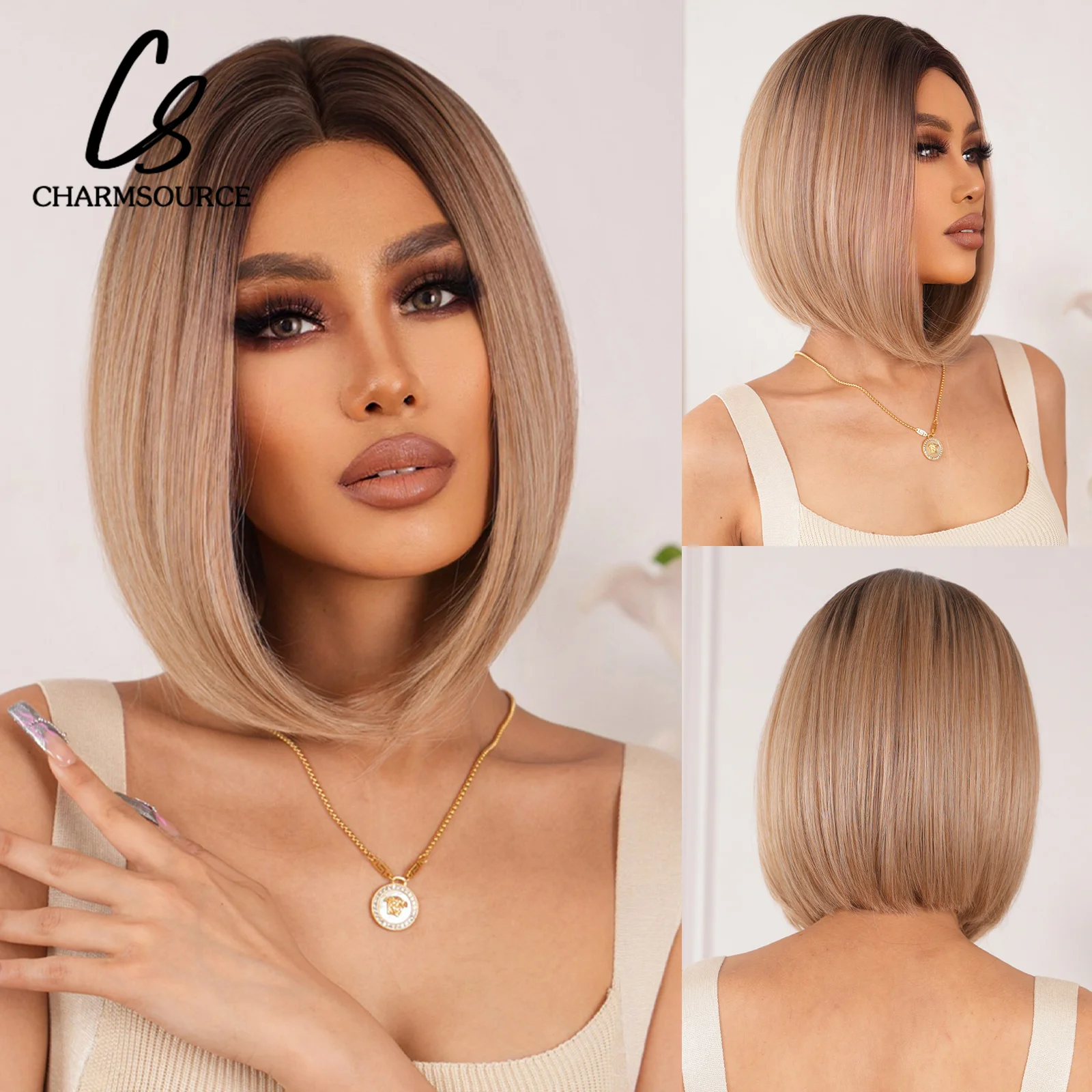

CharmSource T Part Synthetic Wig Ombre Brown to Blonde Wigs Short Bob Wigs Party Cosplay Heat Resistant Fiber Hair High Density