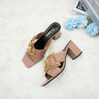 2024 New Women's Summer Outdoor Coarse Heeled Slippers with Anti Slip and Dew Toe Solid Color Water Diamond High Heel Slippers 1