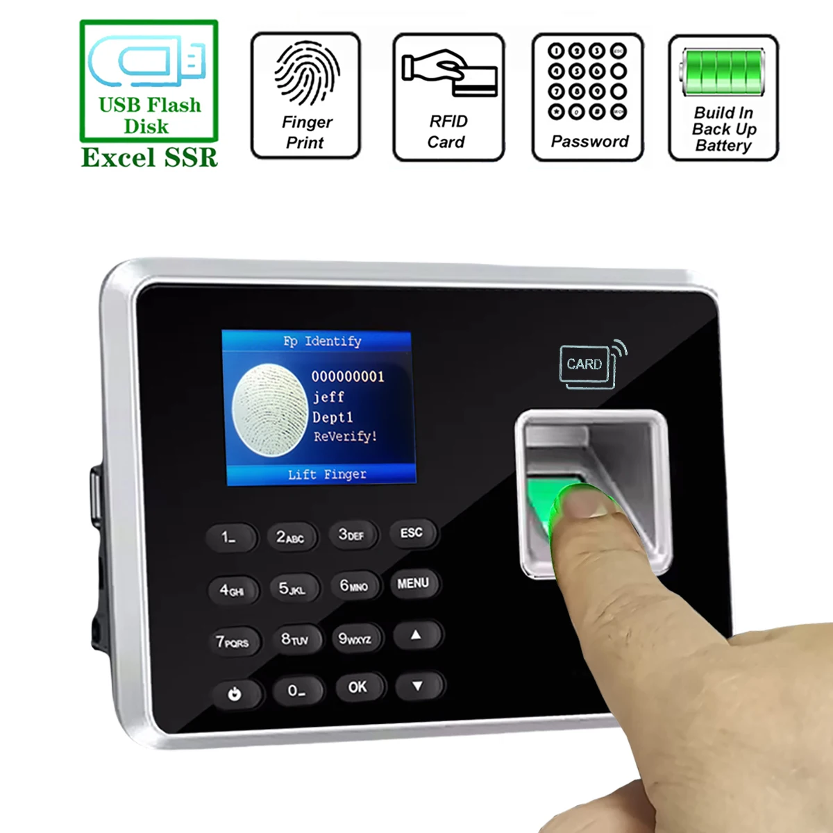 Back up Battery SSR Fingerprint Time Attendance Clock Machine Card and Biometric Employee Electric Clocking Tracking Device