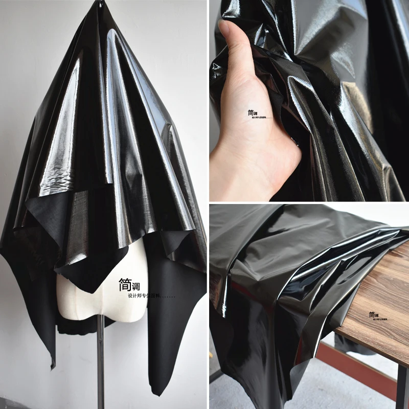 Stretch PVC Leather Fabric Black Mirror Coating Patent Leather Soft Waterproof Light Down Clothing Designer DIY Sewing Fabrics