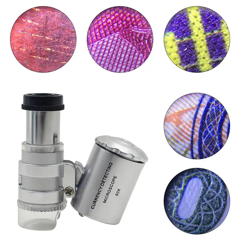 60X Portable Mini Pocket Microscope Handheld Magnifying Glass Loupe UV Light Currency Detector Jeweler Magnifier With LED Light 2