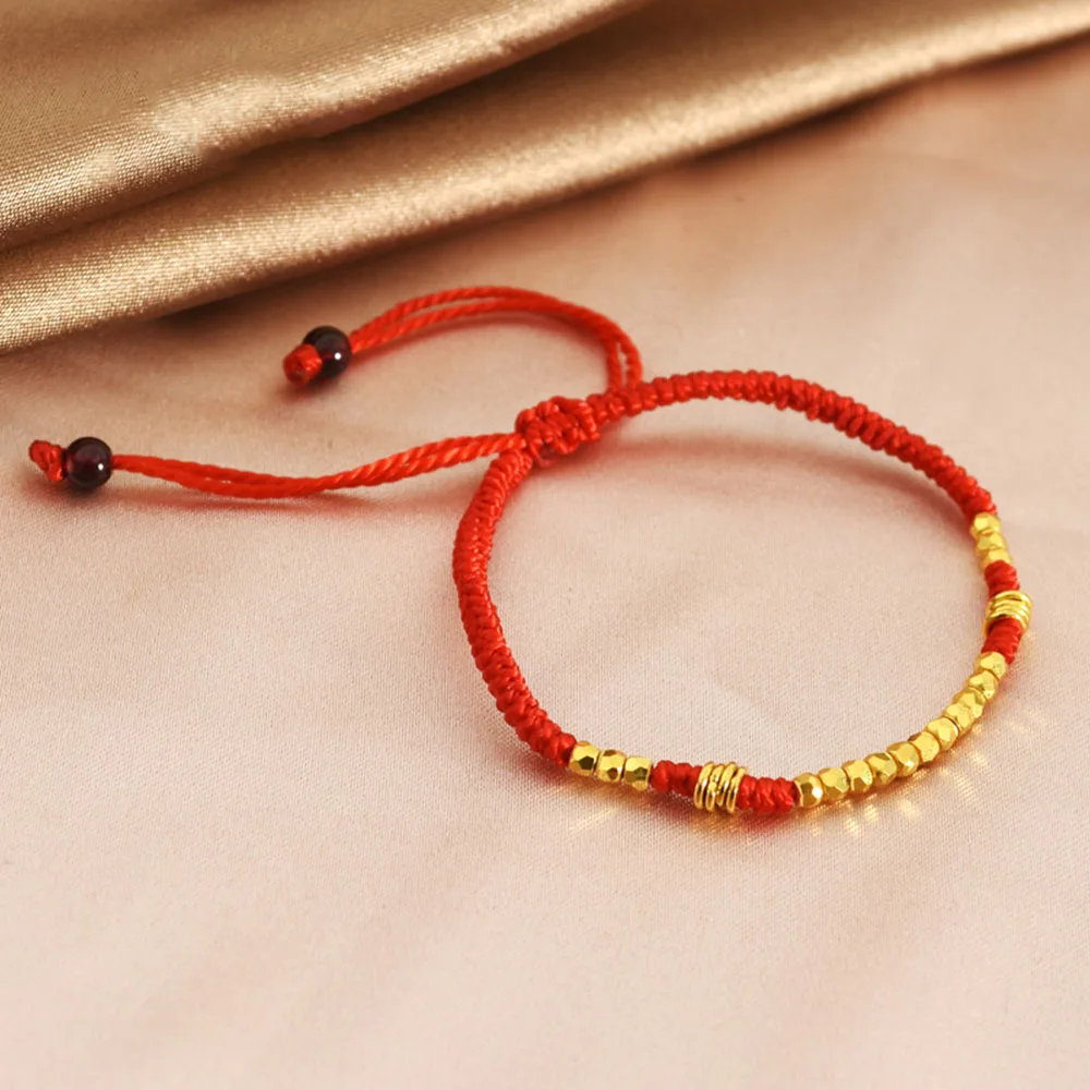 

Authentic 24K Yellow Gold Women Bracelet Lucky Faced Beads Red Cord Weave Bracelet