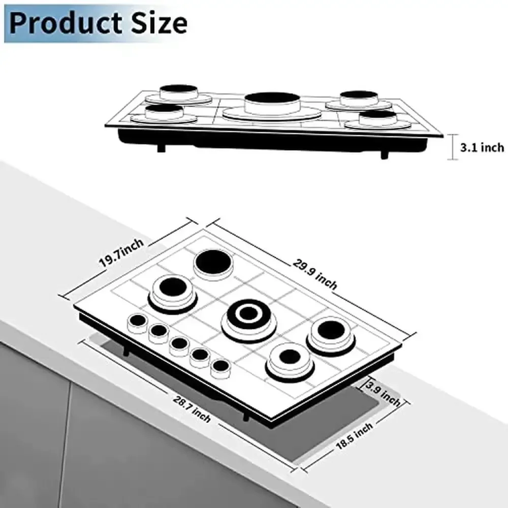 30 Inch Stainless Steel Gas Cooktop Built-in 5 Burners LPG/NG Dual Fuel Stovetop 4
