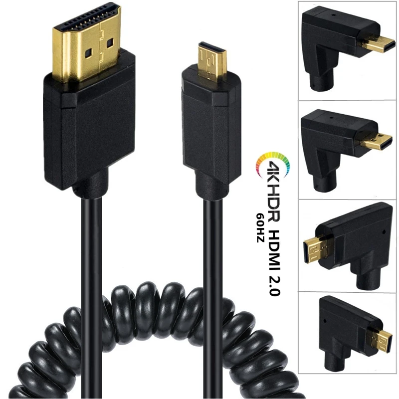 

1.2m 2.0 Version 4K* 2k@60hz φ： 3.2mm HD Micro HDMI - compatible With Spring Extendable 90 Degree Angle Cable