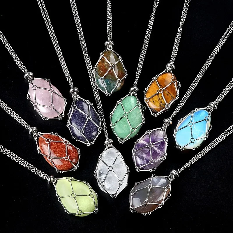 

5pcs Designer Water Drop Stone Carved Cage Net Holder Necklace Collecting Adjustable Pocket Pendant Necklace Jewelry