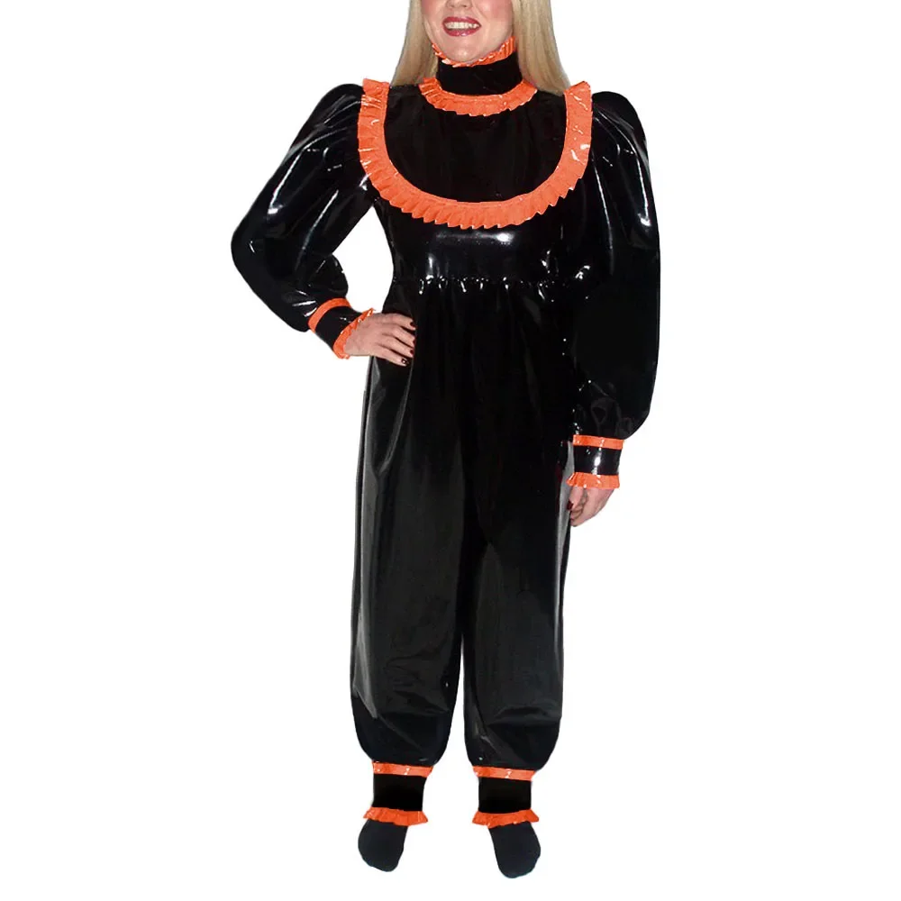 Plus Size Sissy PVC Leather Loose Jumpsuit Adult Female Fantasy Catsuit Long Lantern Sleeves Bodysuit Party Clubwear Halloween 1