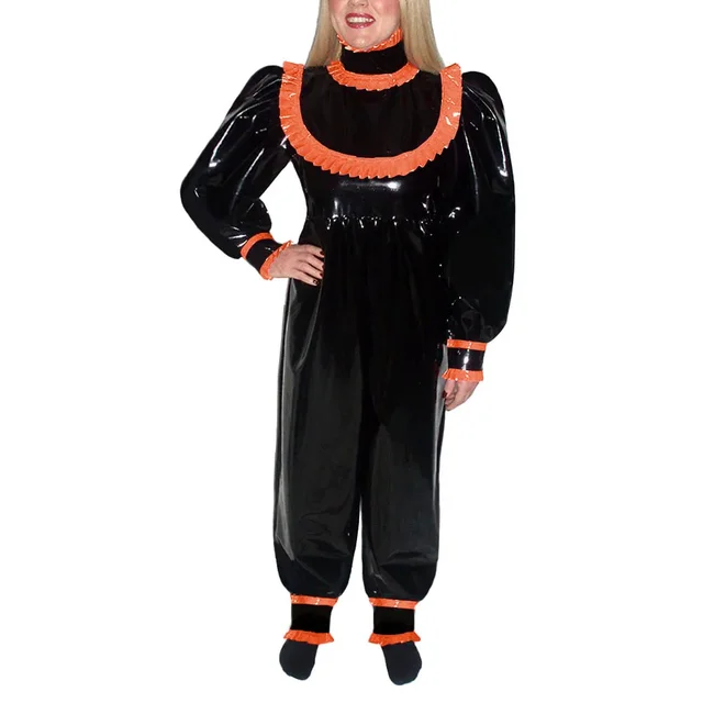 Plus Size Sissy PVC Leather Loose Jumpsuit Adult Female Fantasy Catsuit Long Lantern Sleeves Bodysuit Party Clubwear Halloween 1