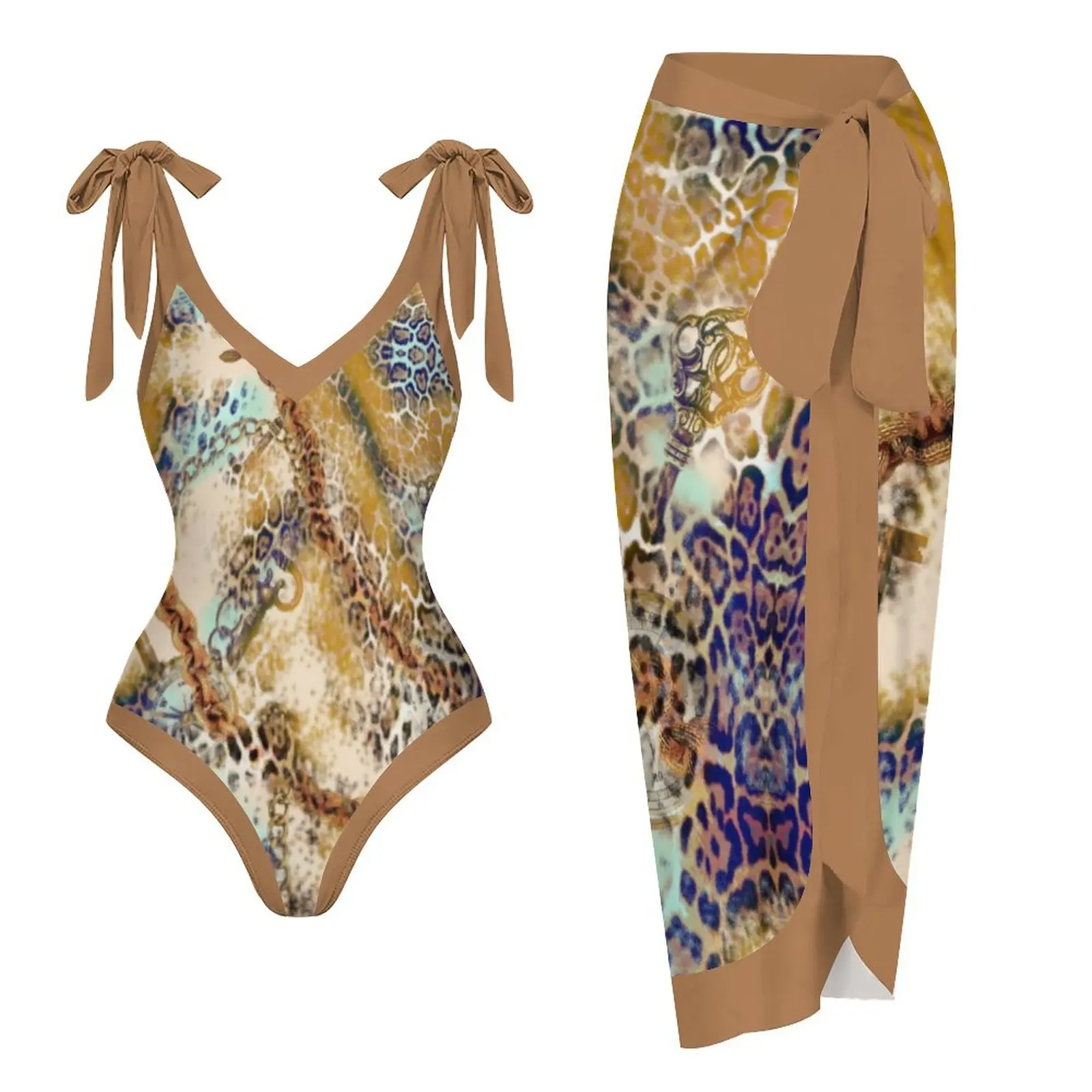 

V Neck Print Beachwear 2023 Women's Fashion Swimwear Summer One Piece Swimsuit and Midi Skirt Bathing Suits Vacation Sexy / New
