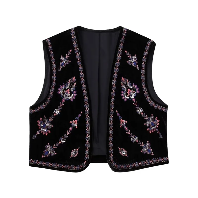 

Woman Vintage Black Velvet Floral Embroidery Tank Jacket 2023 Autumn Girls Fashion Short Jackets Female Crop Sleeveless Outwear