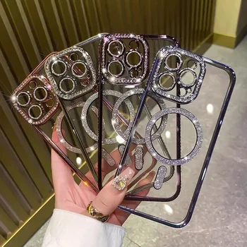 New Fashion Glitter Diamond Transparent Case For iPhone 17 16 15 14 13 11 12 Pro Max Funda Magnetic Wireless Charge Bumper Cover