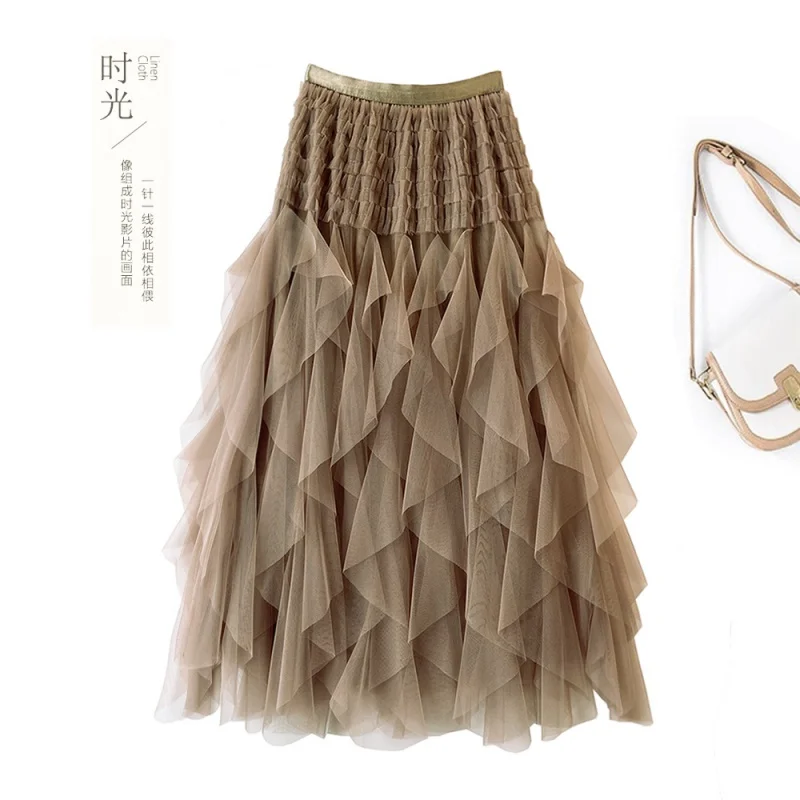 

Long Heavy Industry Skirt Gauze Skirt Autumn and Winter New Multi-Layer Mesh Long Dress High Waist Tiered Dress Qingyfs
