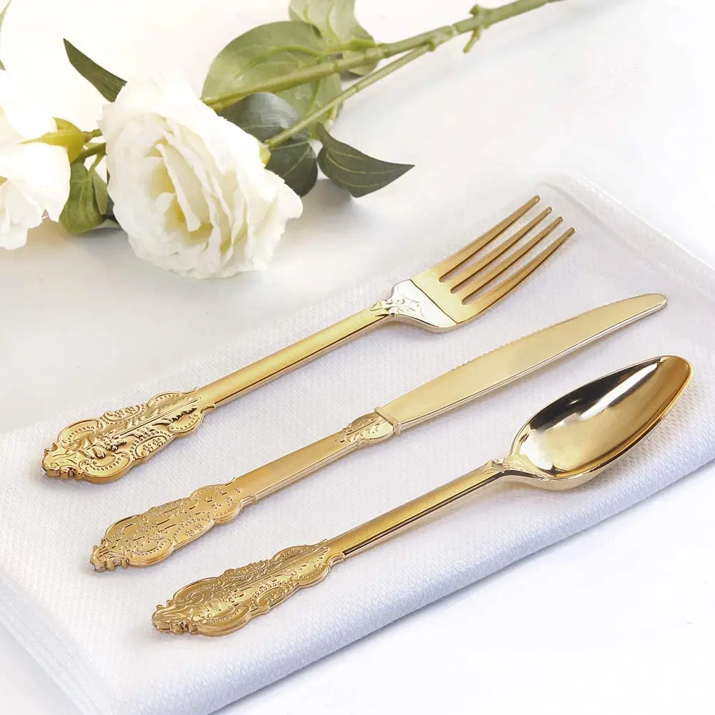 75 Pieces Gold Plastic Silverware- Disposable Flatware -Heavyweight Plastic Cutlery- Includes 25 Forks, 25 Spoons, Knives