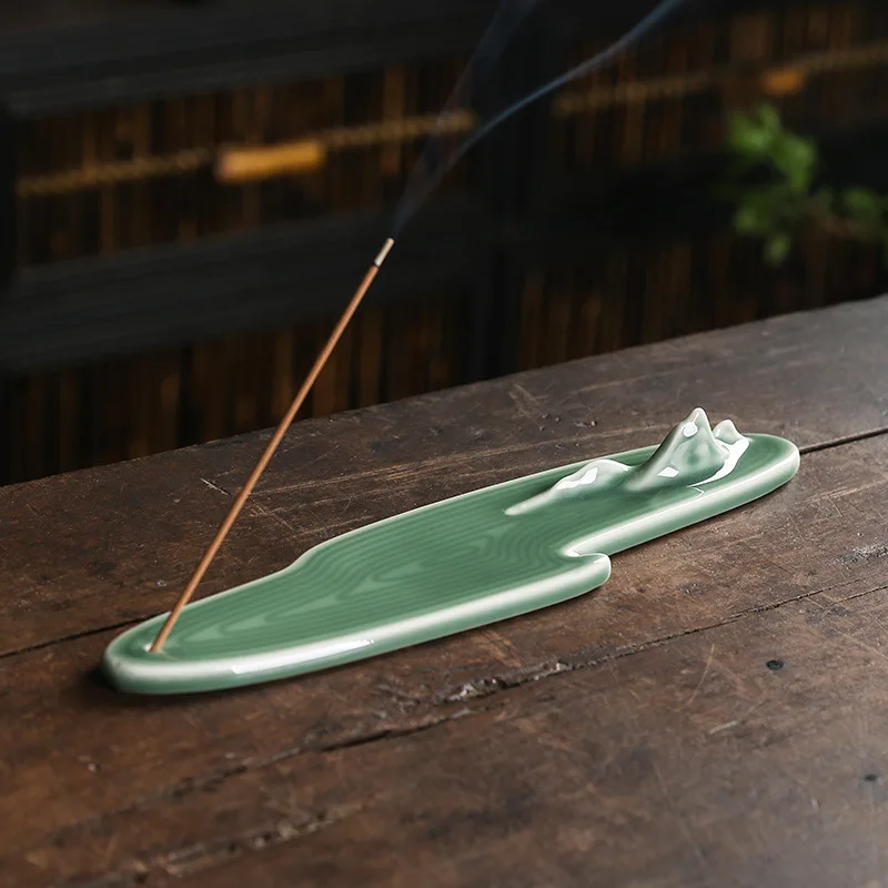 Home Ceramic Decor Incense Stick Holder Celadon Aromatherapy Censer Mountain Flowing Water Art Incense Burner Teahouse Ornament