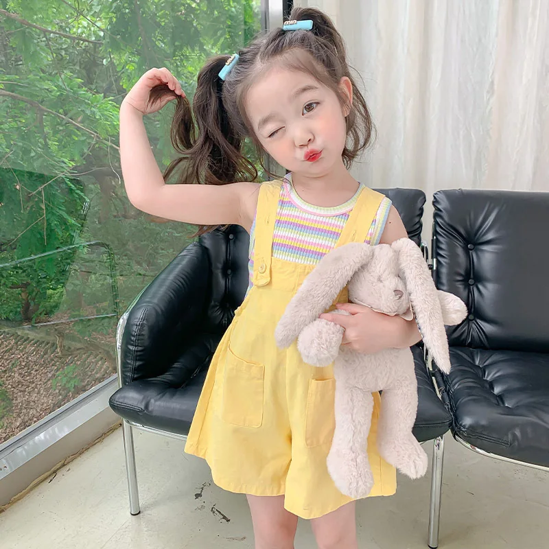 

Summer Kids Girl 2PCS Clothes Set Streak Knitted Sleeveless Tops Cotton Side Pockets Pure Color Overalls Korean Baby Girls Suits