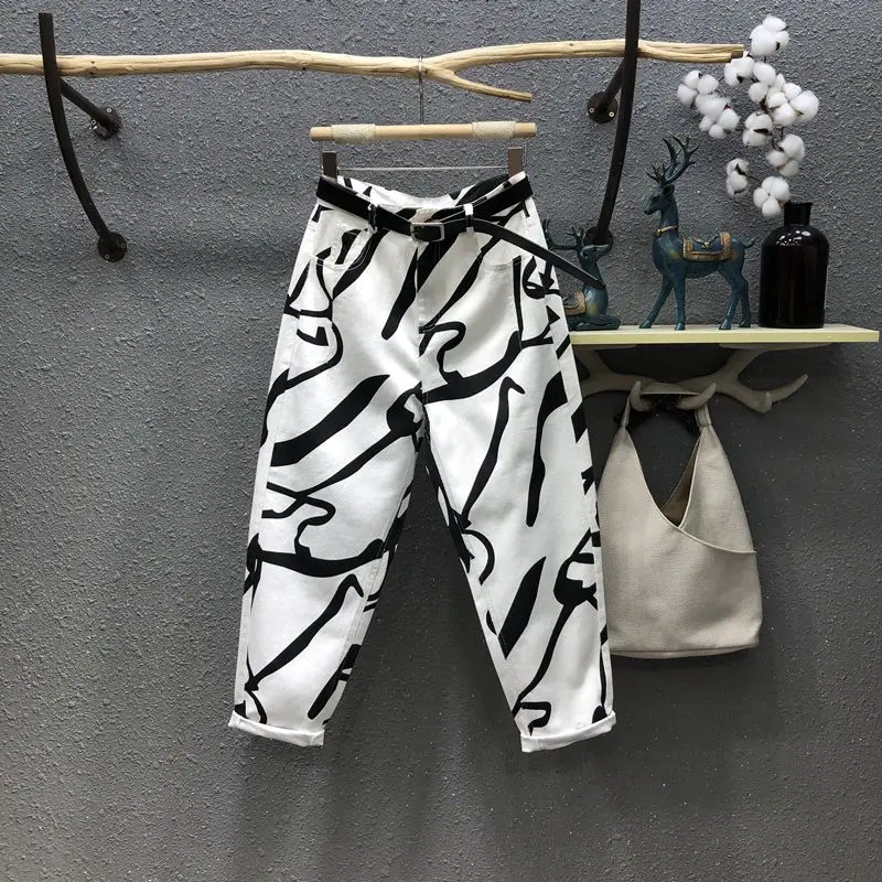 

2023 Casual Printed Jeans Women's Autumn Loose Oversized Elastic Waist Drawstring Nine-point Pants Casual Denim Harem Pants B12