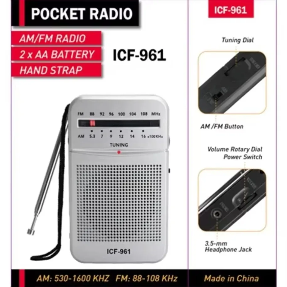 ICF-961 Outdoor Radio Stereo Radio AM/FM Pocket Pointer Radio 2 x AA Battery Operated for Indoor Outdoor Camping Emergency Use