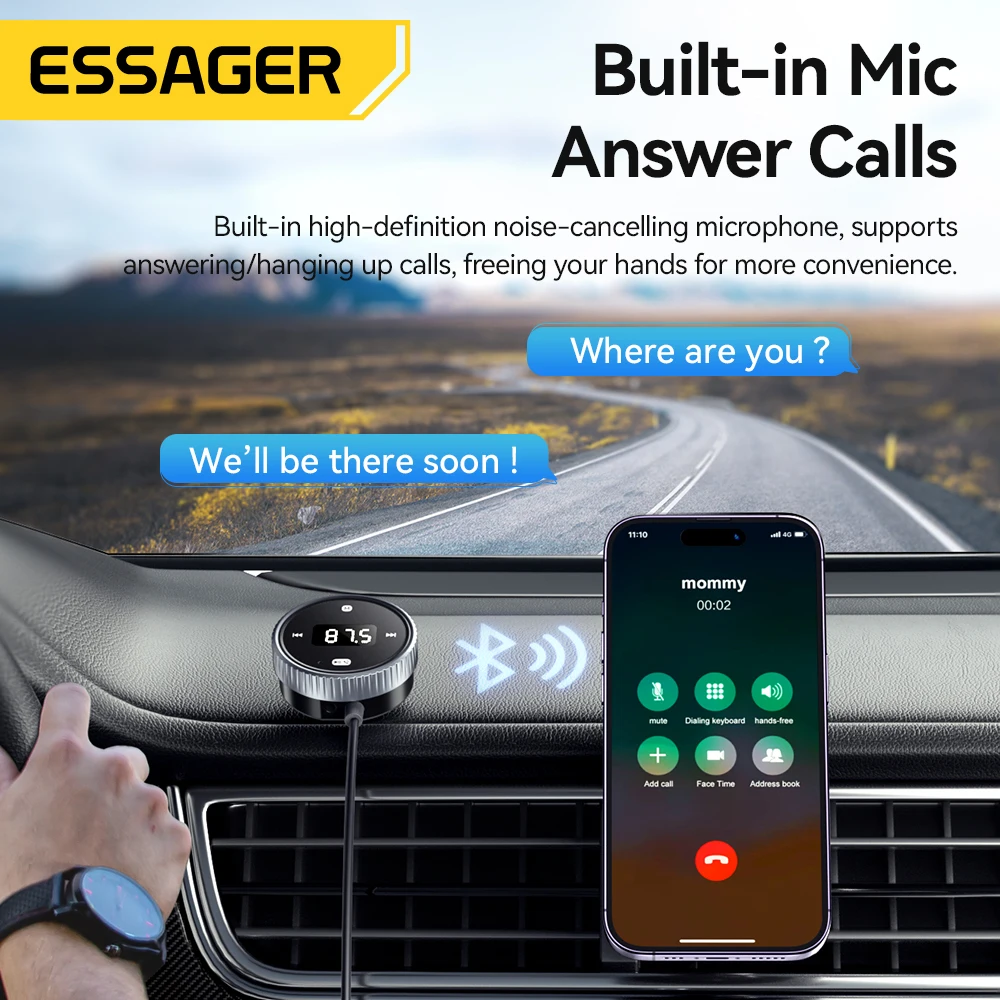 Essager Car Bluetooth 5.3 FM Transmitter Built-in Mic Handsfree LED Display 3.5mm AUX Adapter MP3 Music Player With TF Card Slot