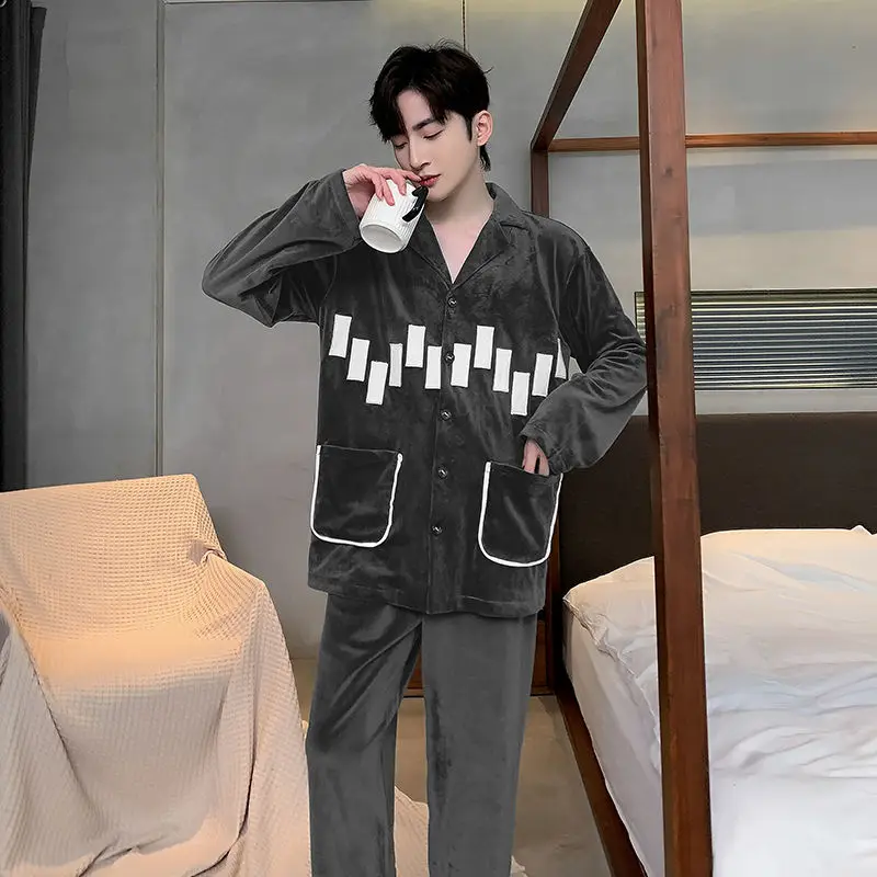 High-End Island Velvet Men Pajamas Autumn Winter Male Thicken Long Sleeve Large Size Homewear Suit Casual Simple Warm Sleepwear