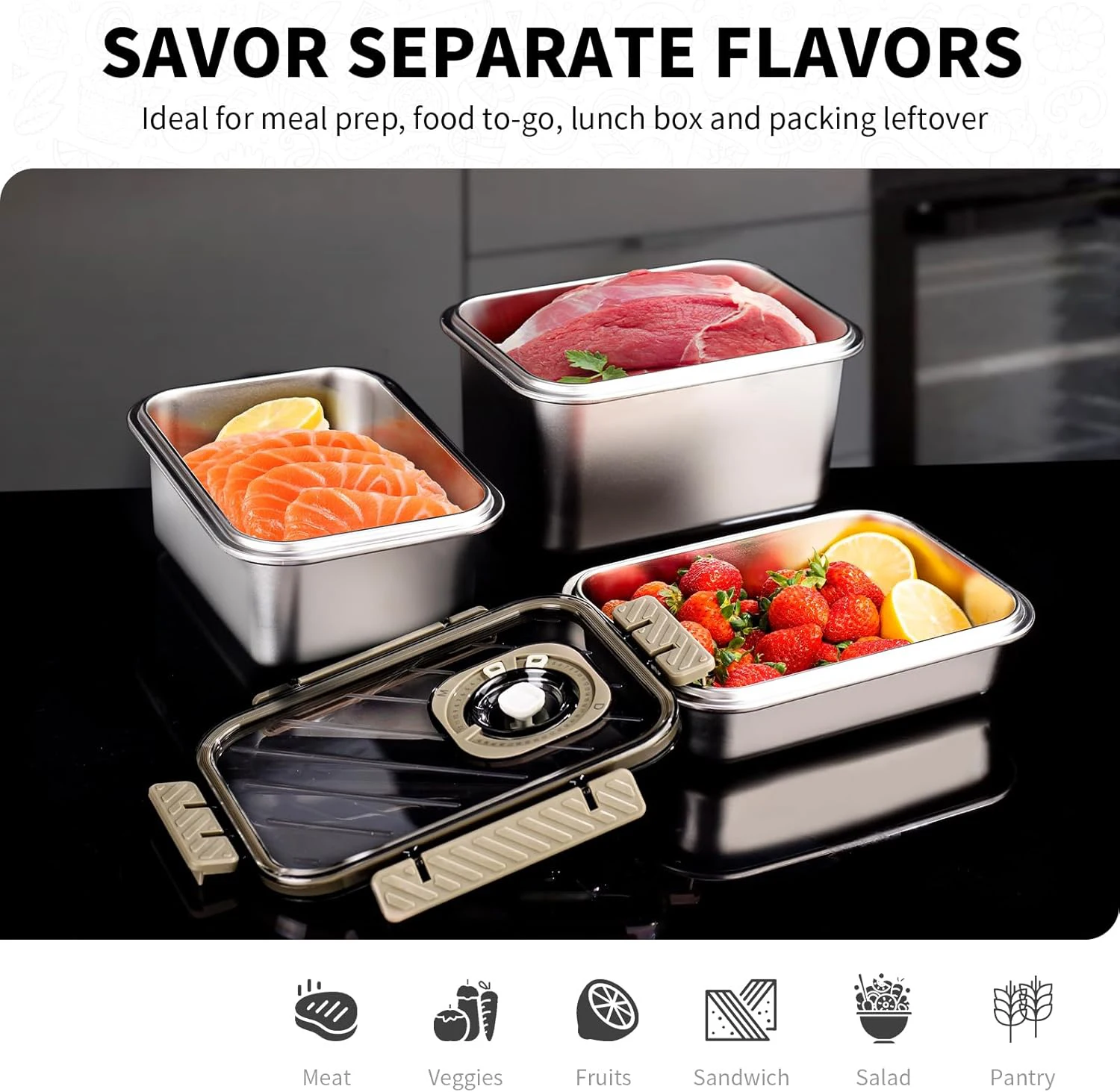 3pcs/Set Medium Size Stainless Steel Food Storage Containers Preservation Box (1000/1700/2200ML)