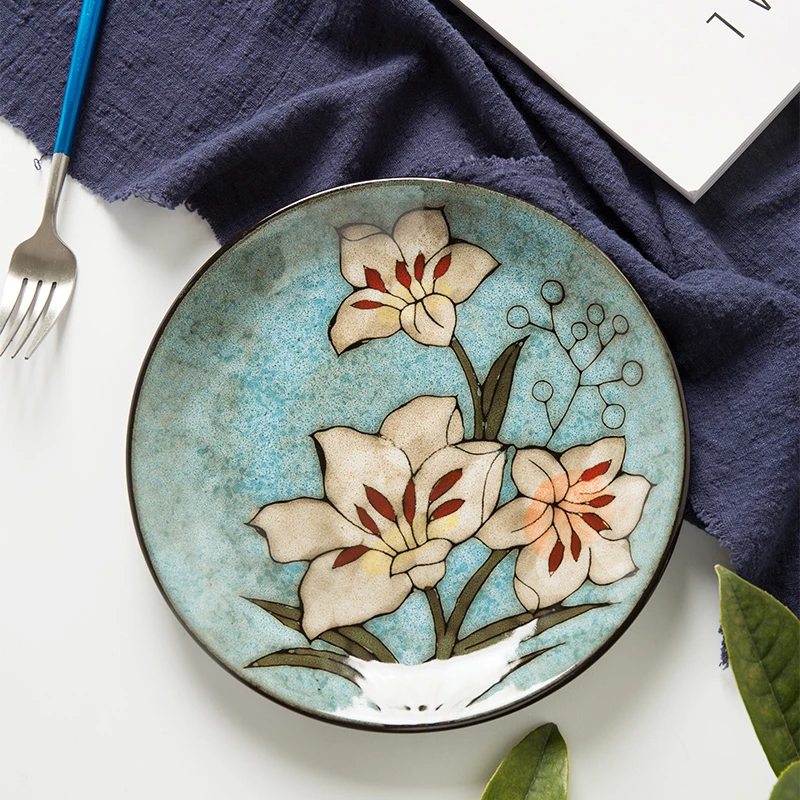 8 inch Vintage Handpainted Floral Plates Underglaze Ceramic Round Serving Dinner Plate Dish Retro Home Decor Kitchen Dinnerware