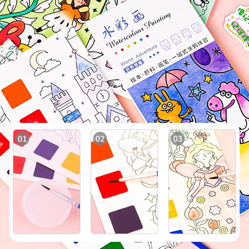 Magic Watercolor Coloring Book for Kids 12 Sheets Graffiti Painting Notebook with Paint Brush Water-Activated Gouache Drawing 5