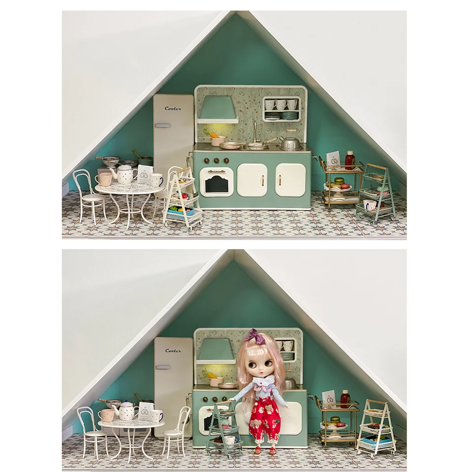 Aizulhomey Metal Dollhouse Accessories Triple Trolley for 1:6