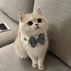 Dog Cat Crochet Bow Tie Collar Cute Knitted Scarf Plaid Pet Wool Bandana Collar with Flower Bell Cat Necklace