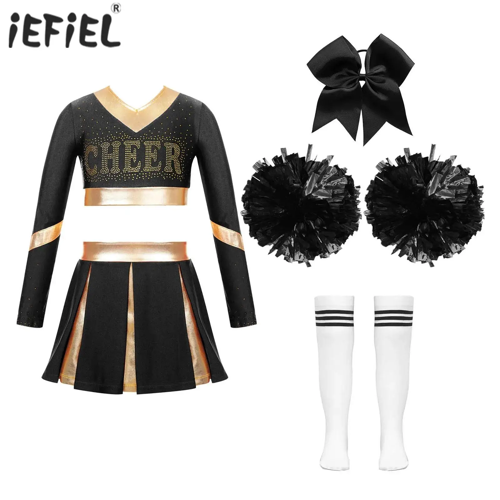 

Kids Girls Cheerleading Uniform Long Sleeve Crop Top with Pleated Skirt Sets for Sports Cheer Up Dance Performance Competition