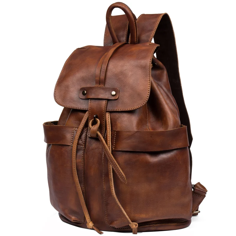 Casual leather backpack retro tide bucket bag men's leather backpack large capacity travel bag 15 inch computer bag neutral