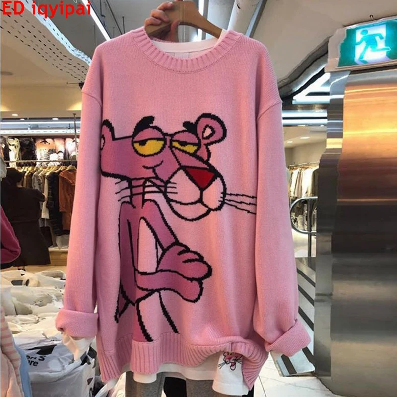 Ed Iqyipai Women Sweater Loose Long Top O-neck Pullover Cute Knitted  Sweaters Print Panther Cartoon Harajuku Vintage Pink Punk - Pullovers -  AliExpress