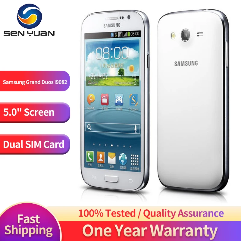 

Original Unlocked Samsung Galaxy Grand I9082 3G Mobile Phone 5.0'' 1GB RAM 8GB ROM CellPhone 8MP+2MP Dual Core Android CellPhone