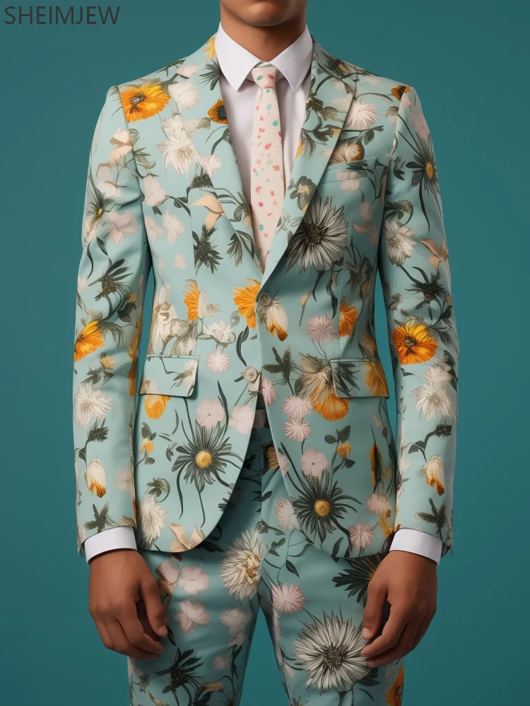 Fashion Colorful Flower Slim Men Suit Plant 3d Printing Casual Wedding Valentine's Day Jacket Pants Party Performance Set