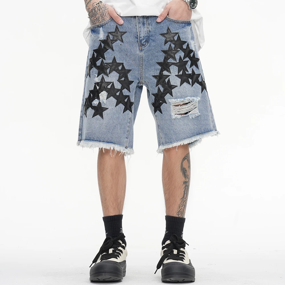 

Harajuku Pu Leather Stars Embroidery Hole Washed Jeans Shorts Men's Straight Distressed Y2K Ripped Baggy Denim Five Point Pants