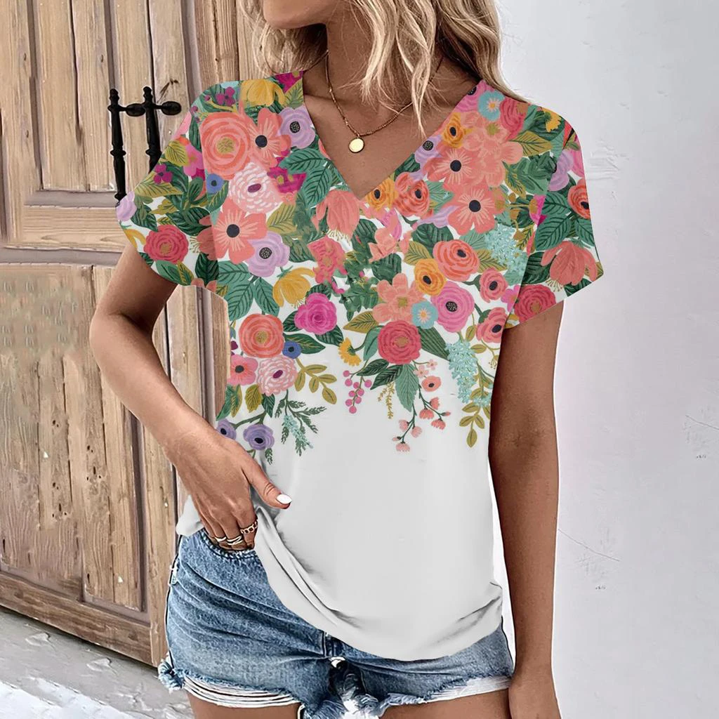 

Fashion Women's T-Shirts Fashion Tops V-Neck Floral Print T Shirt Female Short Sleeve Top Casual Tees Summer Oversized Clothing