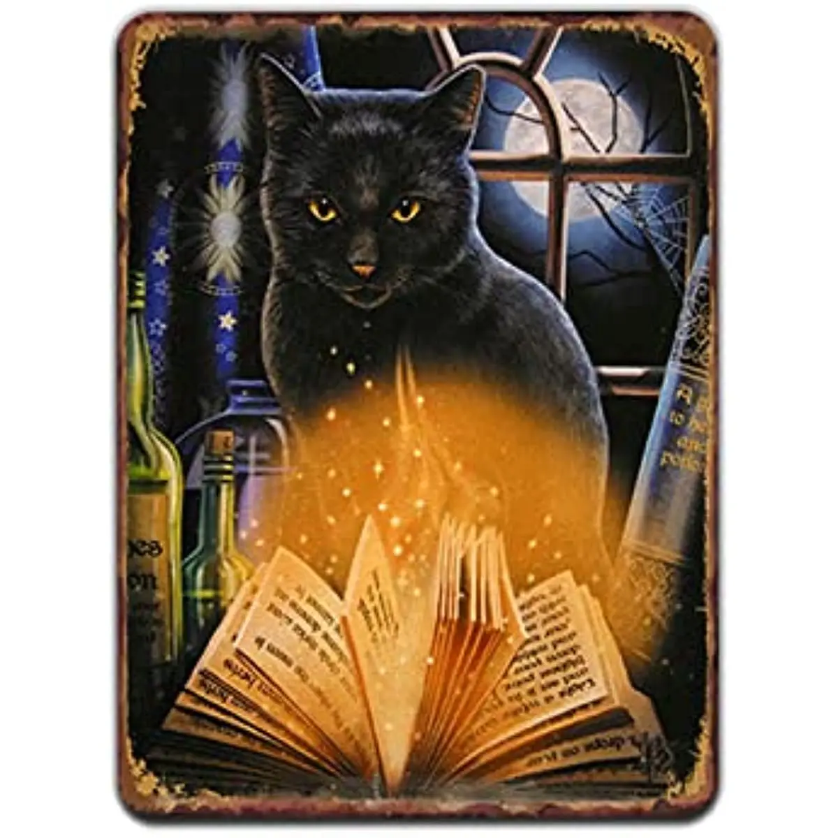 

Новый металлический винтажный жестяной знак, Простой Черный кот, просматривающий волшебную книгу, украшение для рисования, винтажный настенный знак