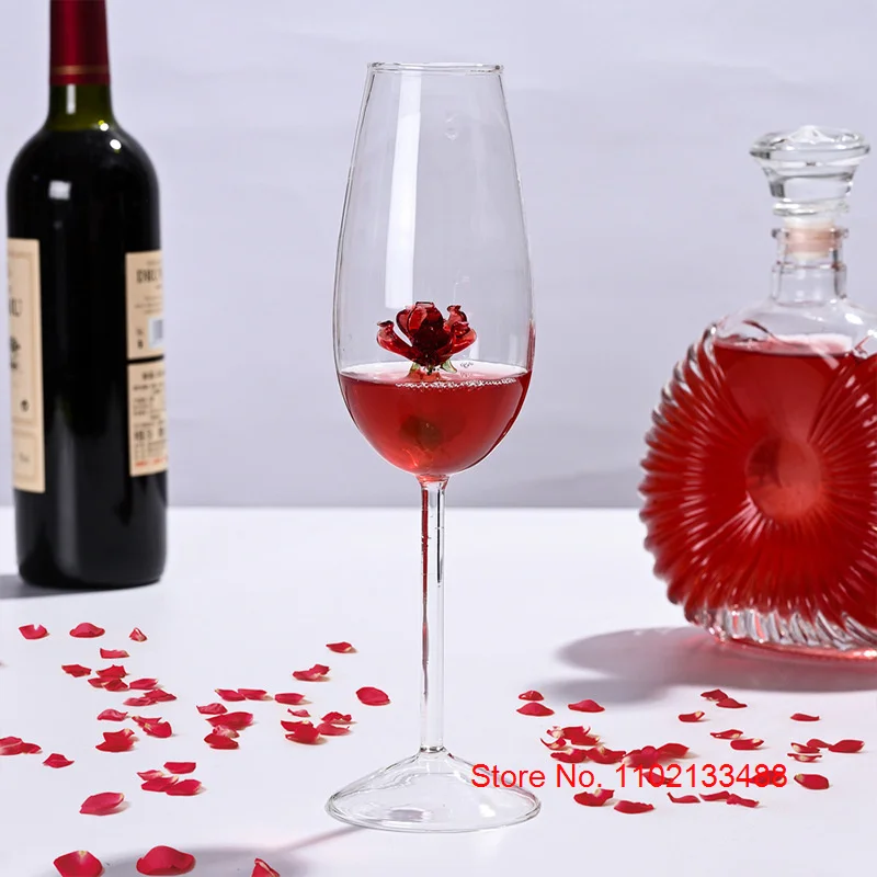 Crystal Champagne Glass With Rose Inside Creative Wine Gift Wedding Party Wine Glasses Romantic Champagne Flutes Bordeaux Goblet