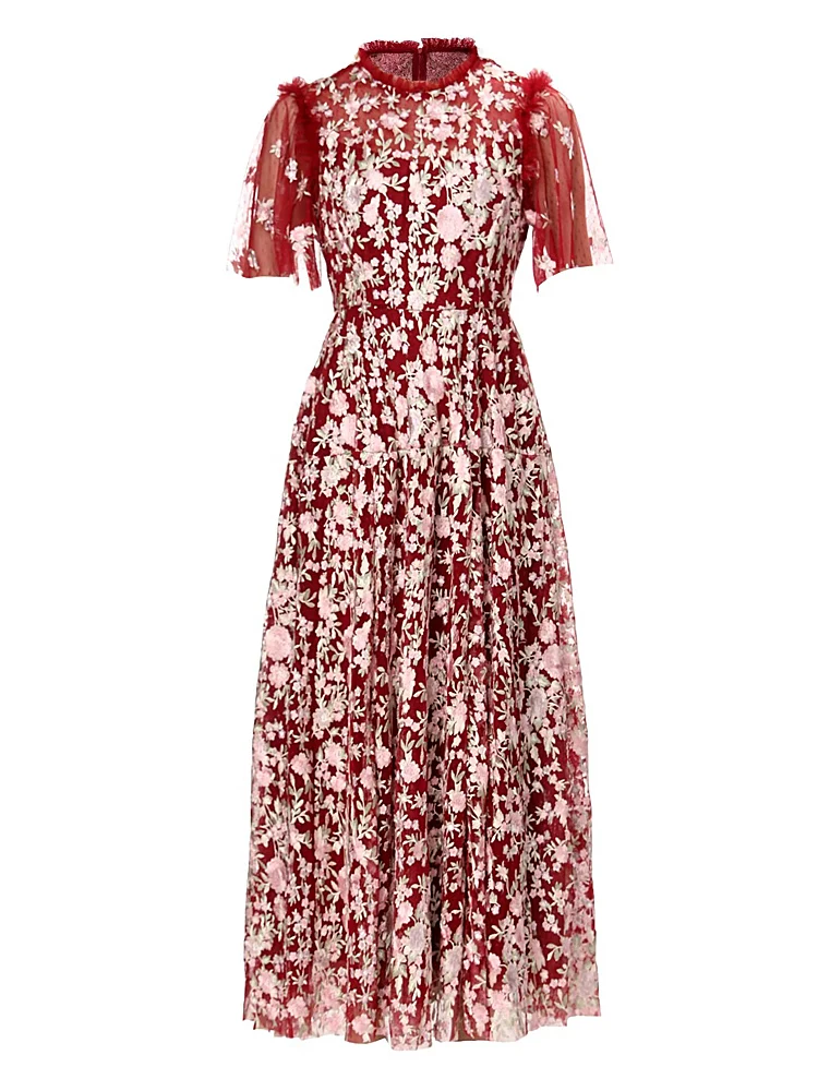 

Luxury Ladies New Autumn High Quality Fashion Party Wine Red Embroidered Mesh Casual Elegant Sweet Chic Long Dresses For Women