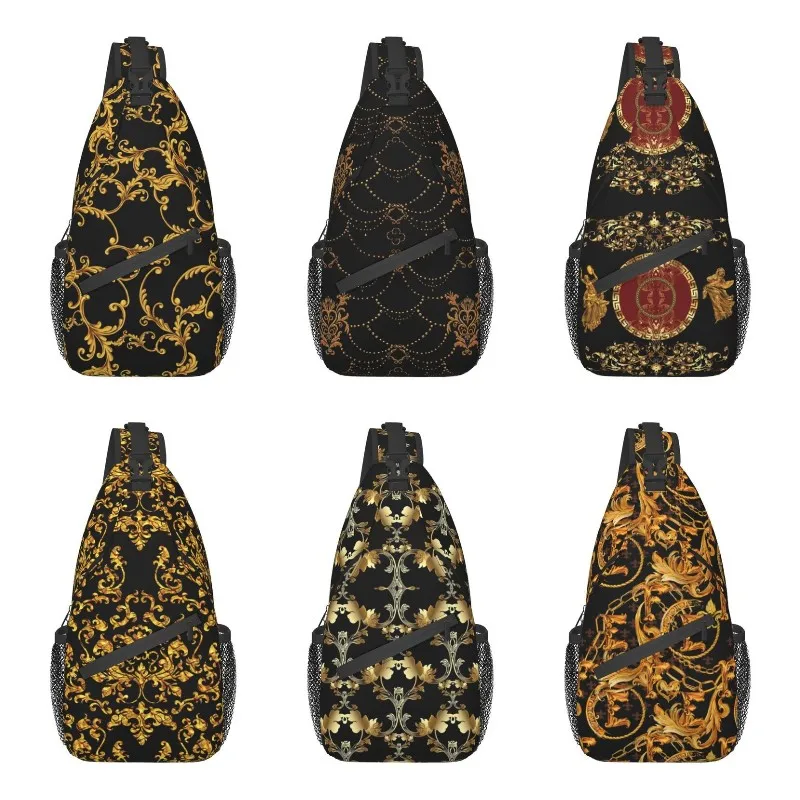 

Golden Baroque Leafs Floral Sling Chest Bag Custom Flower Shoulder Crossbody Backpack for Men Cycling Camping Daypack