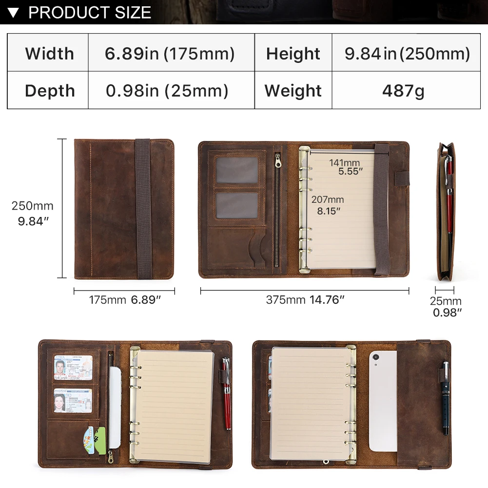 Leather Notebook Portfolio A5 with 6 Ring Binder Paper Pen Ipad Mini Holder Card Slots Travel Case